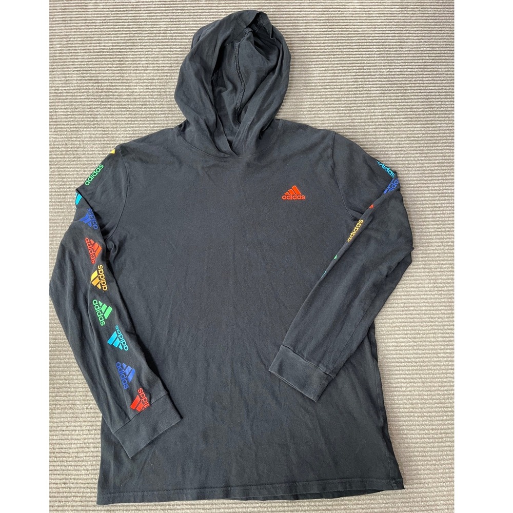 Adidas Kids Large 14/16‎ Black Rainbow Logo Hooded Long Sleeve Tee